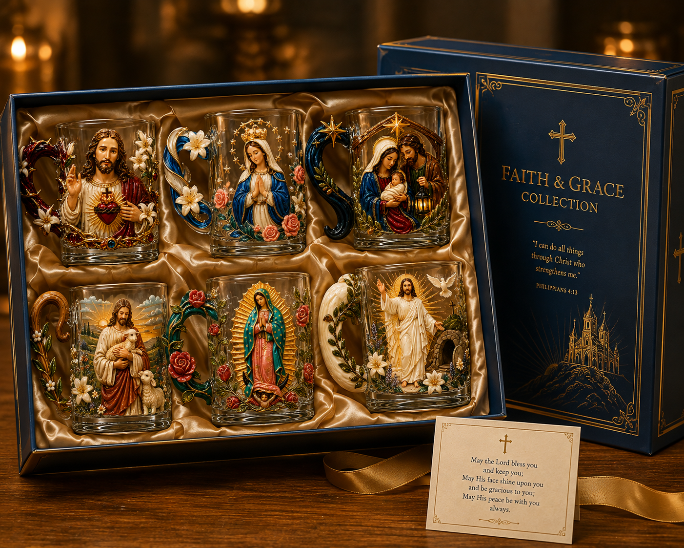 ✝️✨ 3D Sacred Faith Glass Mug | Raised Jesus & Virgin Mary Sculptural Glass Art Cup – 12 oz Christian Gift