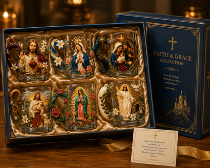 ✝️✨ 3D Sacred Faith Glass Mug | Raised Jesus & Virgin Mary Sculptural Glass Art Cup – 12 oz Christian Gift