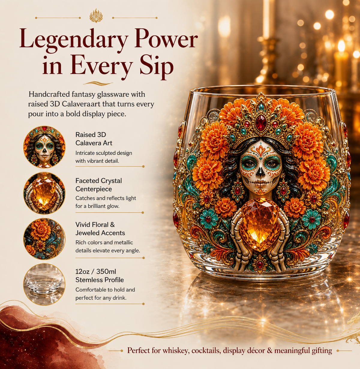 💀🌼 Día de los Muertos Crystal Glass Art Cup | Bright Raised 3D Calavera Glassware for Whiskey, Home Décor & Meaningful Gifts 🎁