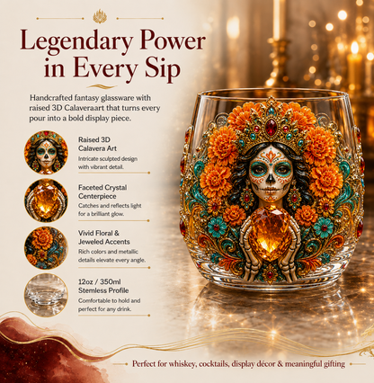 💀🌼 Día de los Muertos Crystal Glass Art Cup | Bright Raised 3D Calavera Glassware for Whiskey, Home Décor & Meaningful Gifts 🎁