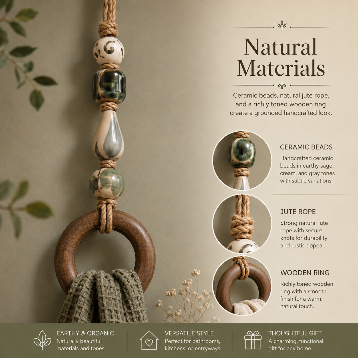 Decorative beaded towel hanger shown from top loop to wooden ring