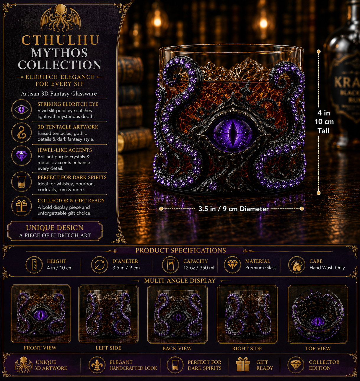 🐙👁️ Cthulhu Mythos 3D Eldritch Eye Whiskey Glass | Raised Tentacle Art, Gothic Collector Drinkware & Dark Fantasy Gift 🎁