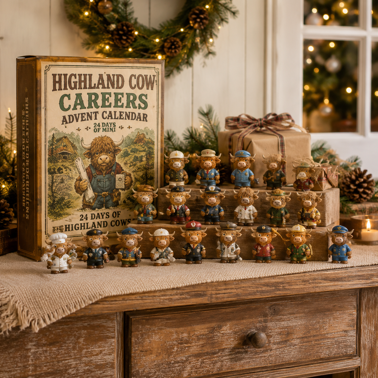 Highland Cow career characters in a warm farmhouse Christmas display