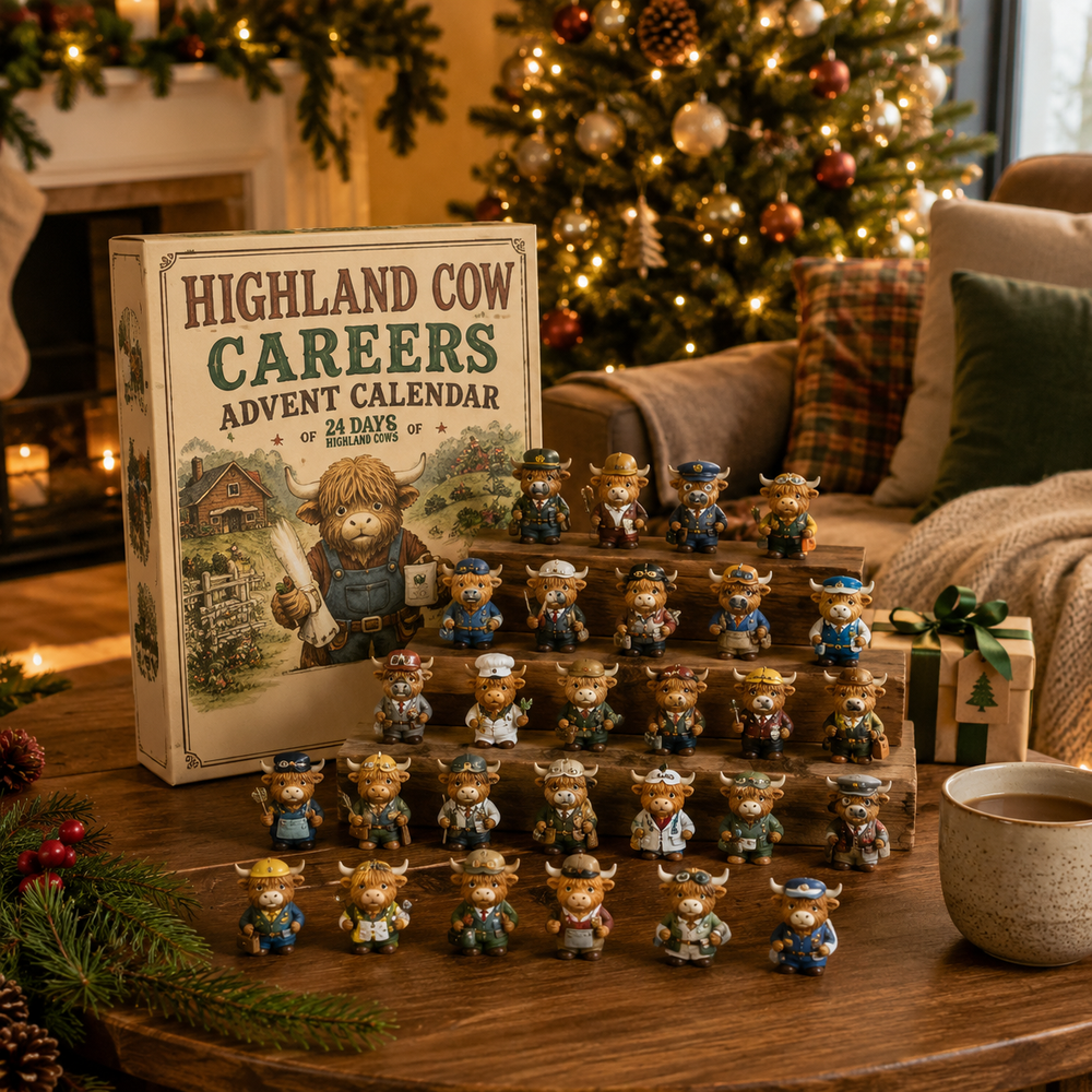 Career-themed Highland Cow figures forming a growing Christmas collection