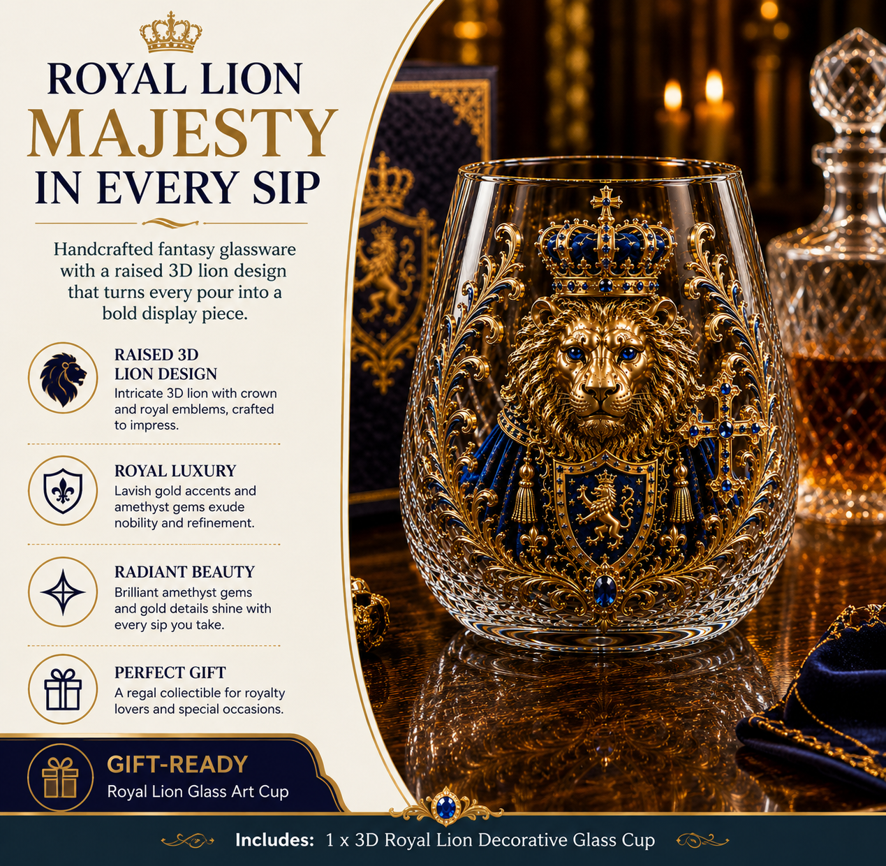 👑🦁 3D Royal Lion Glass Art Cup | Luxury Raised Whiskey Glass with Crowned Lion Design, Collectible Barware & Gift for Whiskey Lovers