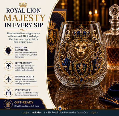 👑🦁 3D Royal Lion Glass Art Cup | Luxury Raised Whiskey Glass with Crowned Lion Design, Collectible Barware & Gift for Whiskey Lovers