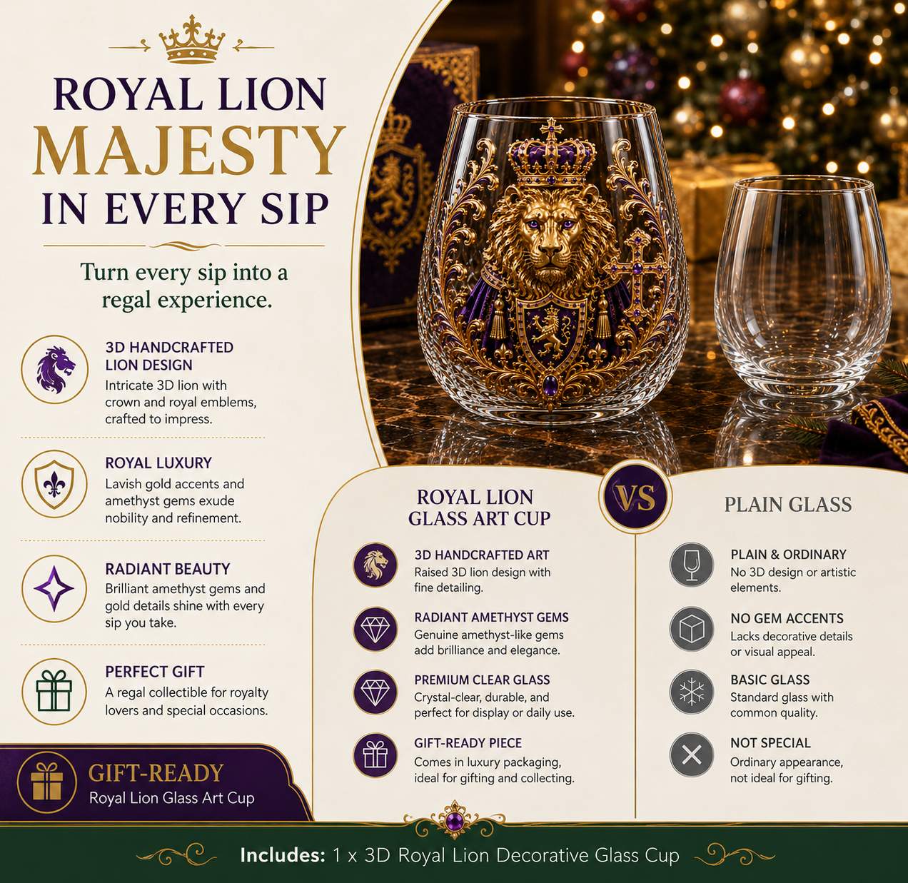 👑🦁 3D Royal Lion Glass Art Cup | Luxury Raised Whiskey Glass with Crowned Lion Design, Collectible Barware & Gift for Whiskey Lovers