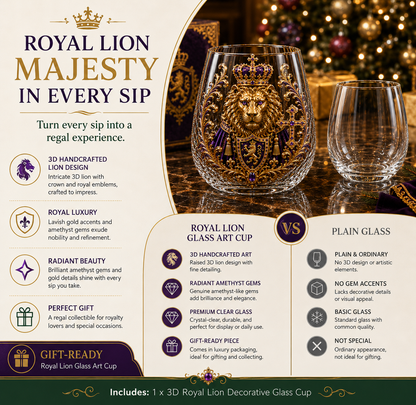 👑🦁 3D Royal Lion Glass Art Cup | Luxury Raised Whiskey Glass with Crowned Lion Design, Collectible Barware & Gift for Whiskey Lovers