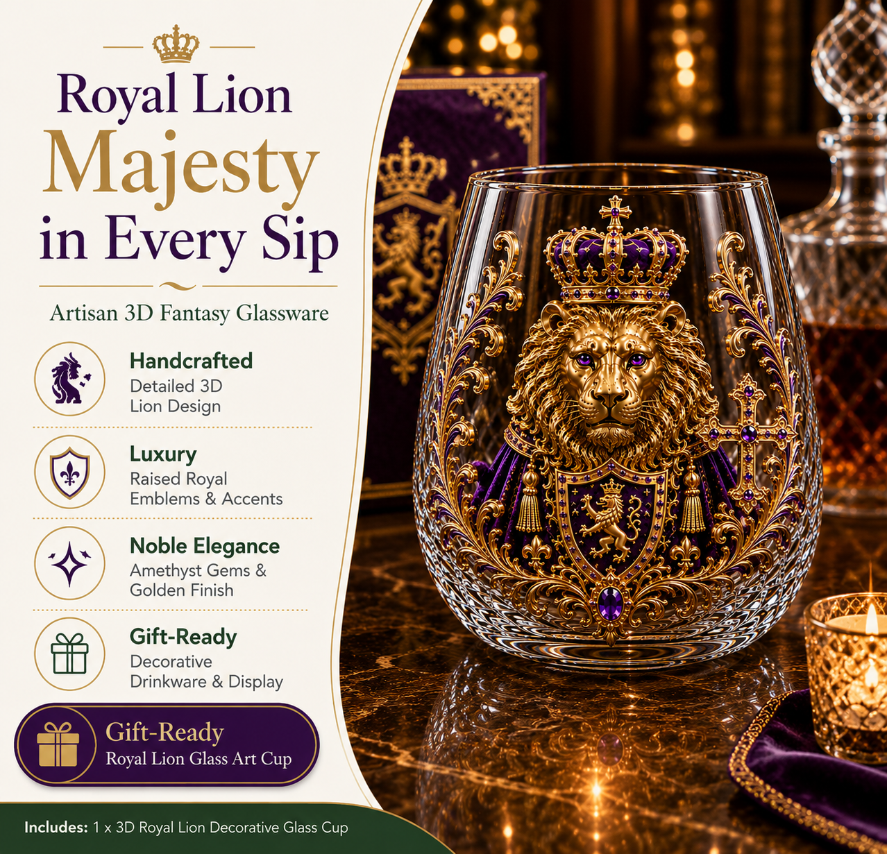 👑🦁 3D Royal Lion Glass Art Cup | Luxury Raised Whiskey Glass with Crowned Lion Design, Collectible Barware & Gift for Whiskey Lovers