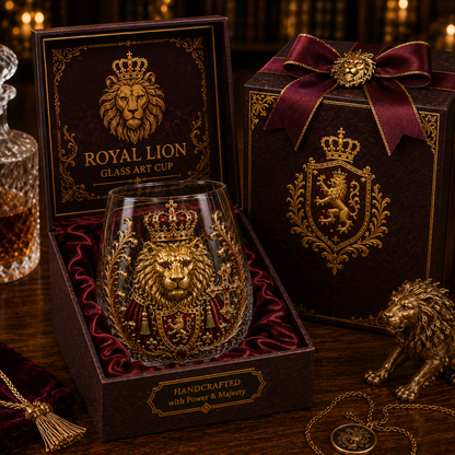 👑🦁 3D Royal Lion Glass Art Cup | Luxury Raised Whiskey Glass with Crowned Lion Design, Collectible Barware & Gift for Whiskey Lovers