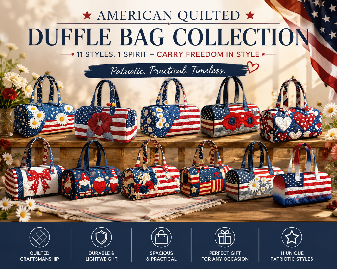 🦅👜Handcrafted American Flag Quilted Tote – 3D Floral Patriotic Shoulder Bag🌸