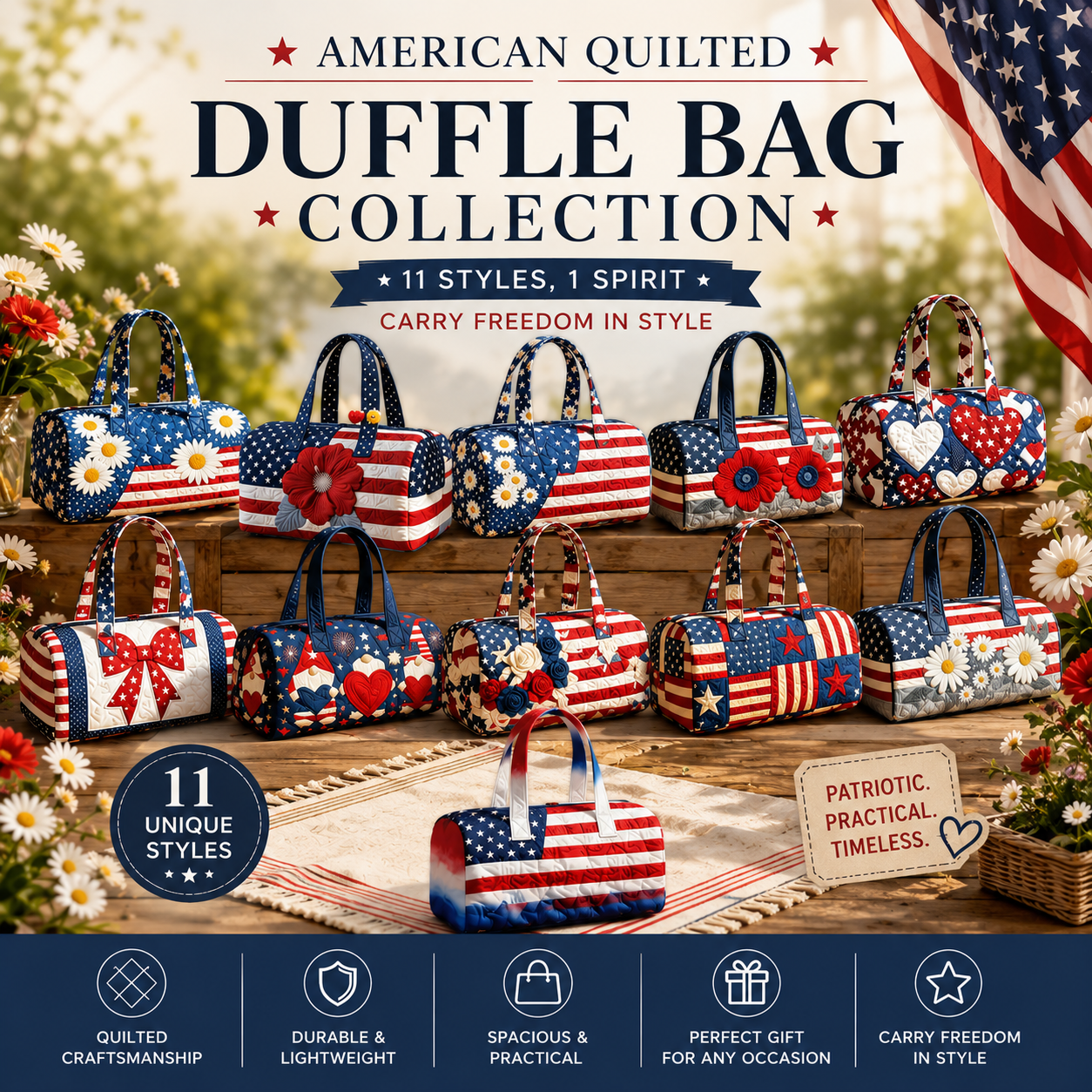 🦅👜Handcrafted American Flag Quilted Tote – 3D Floral Patriotic Shoulder Bag🌸