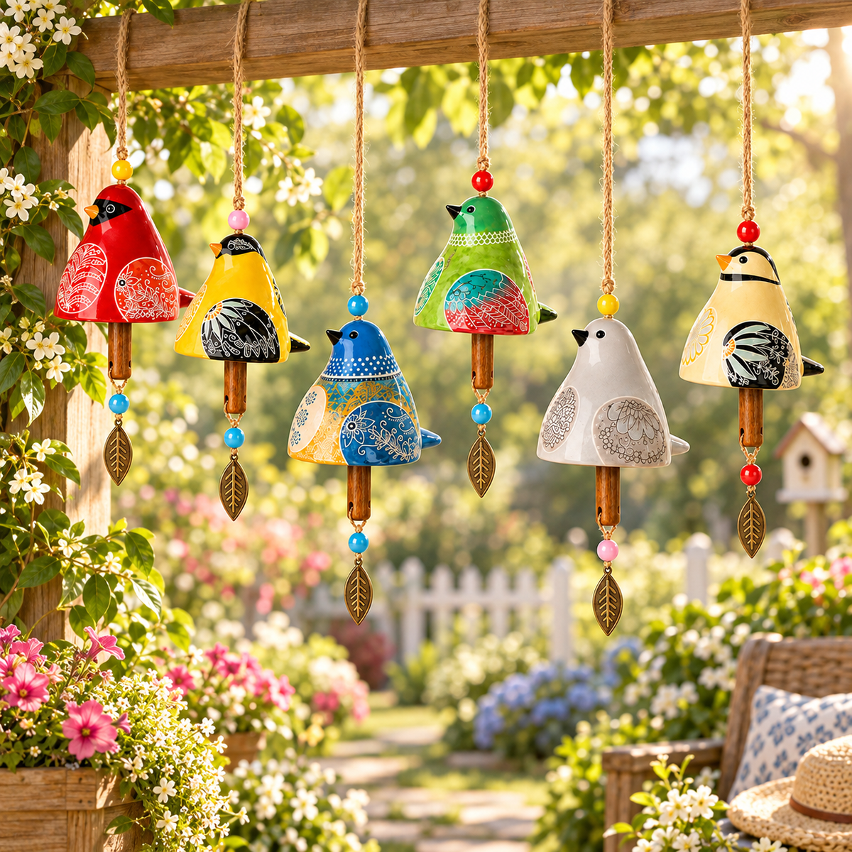 🐦 Resin Bird Wind Chime | Colorful Folk Art Garden Hanging Decor
