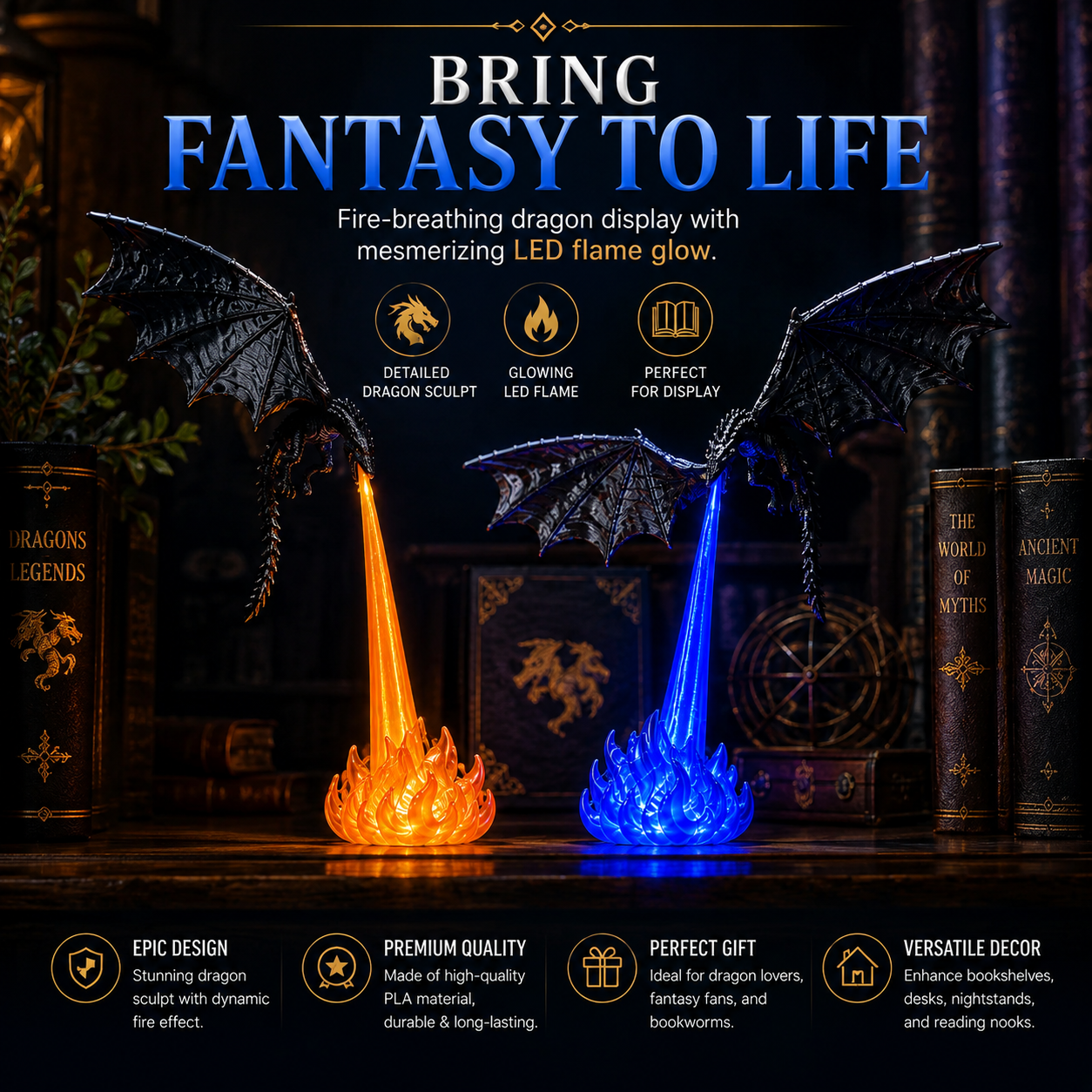 🔥 HOT DEAL 55% OFF🐉 Glowing Dragon Bookend with LED Flame Effect