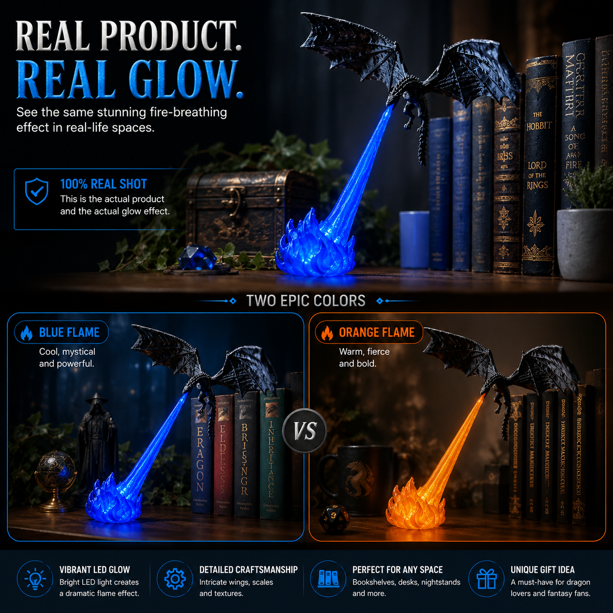 🔥 HOT DEAL 55% OFF🐉 Glowing Dragon Bookend with LED Flame Effect