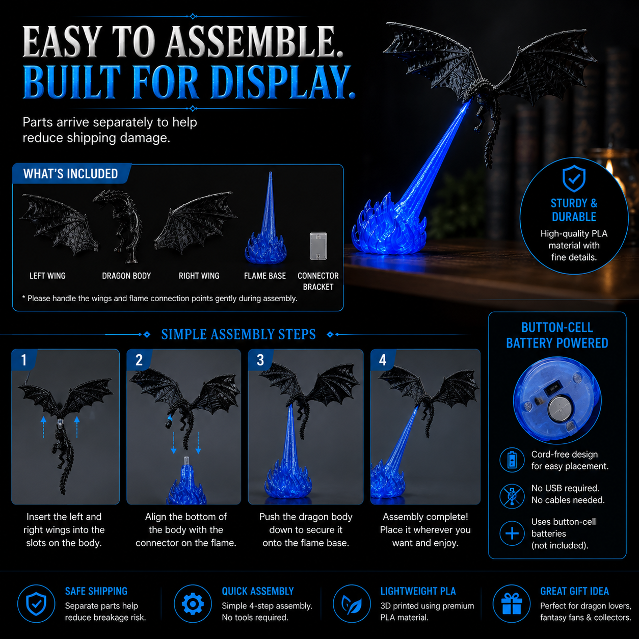 🔥 HOT DEAL 55% OFF🐉 Glowing Dragon Bookend with LED Flame Effect