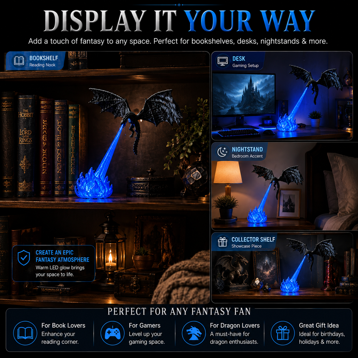 🔥 HOT DEAL 55% OFF🐉 Glowing Dragon Bookend with LED Flame Effect