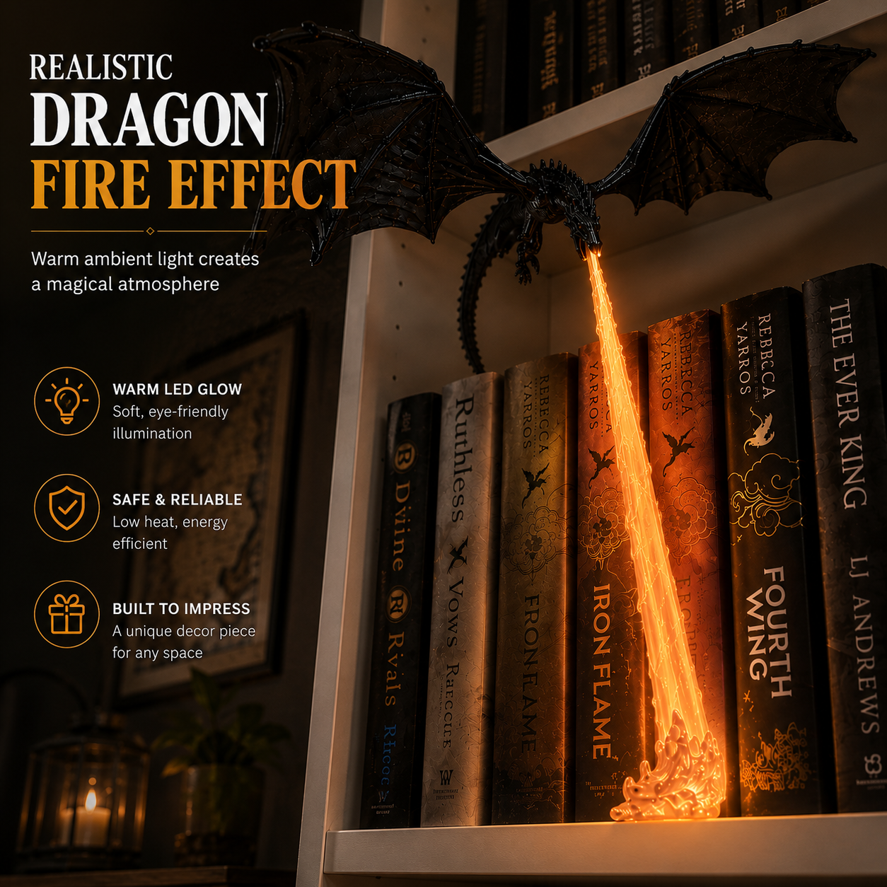 🔥 HOT DEAL 55% OFF🐉 Glowing Dragon Bookend with LED Flame Effect