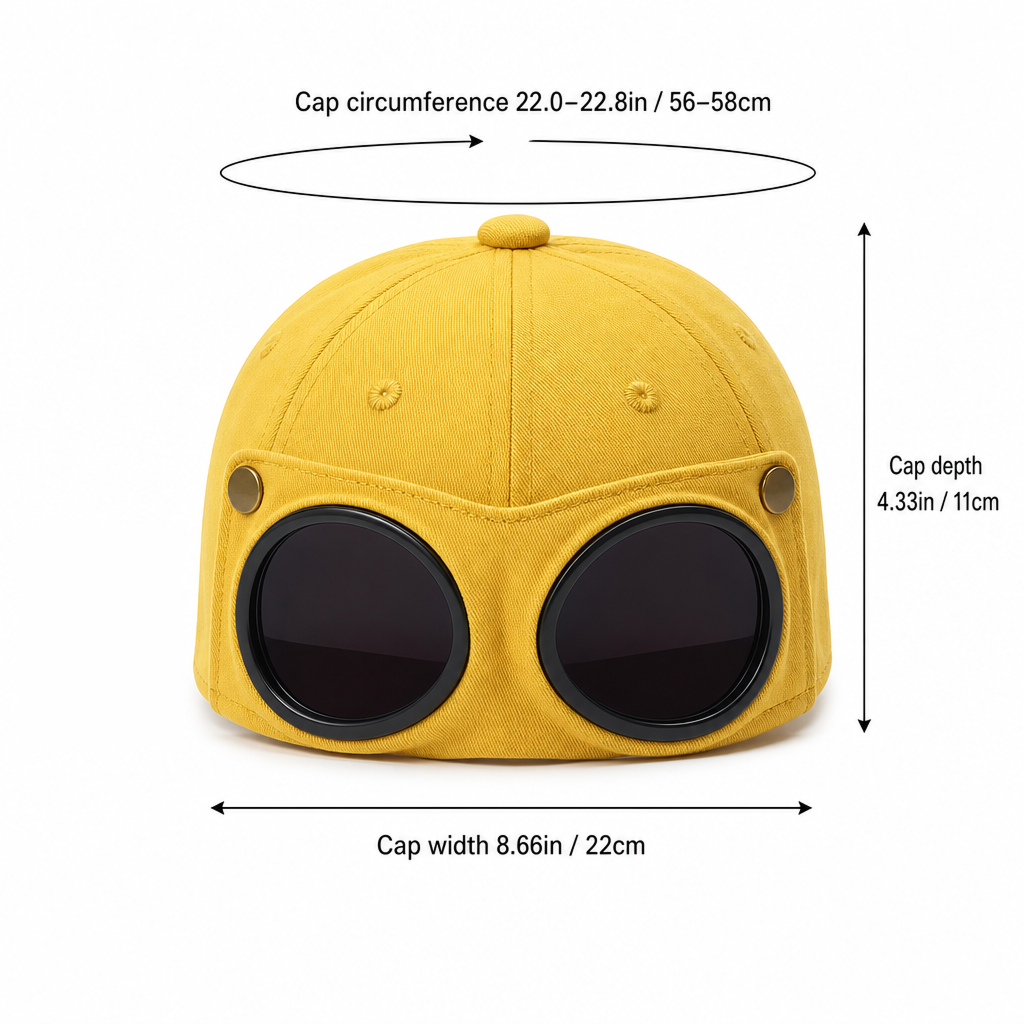 Yellow novelty cap with oversized round black visor-like front details, shown with measurement arrows and text indicating cap circumference, cap depth, and cap width on a white background.