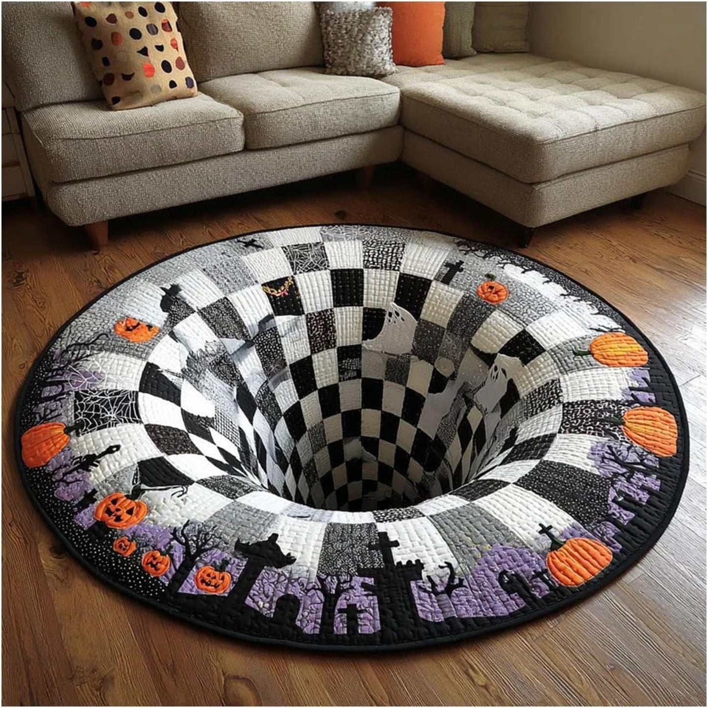 🔥 Limited Edition 🎃 3D Skeleton Optical Illusion Rug – Quilted Round Halloween Accent 👻