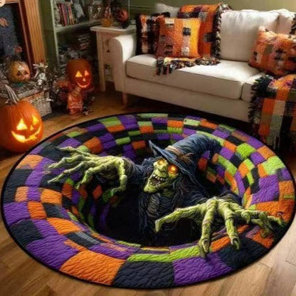 🔥 Limited Edition 🎃 3D Skeleton Optical Illusion Rug – Quilted Round Halloween Accent 👻