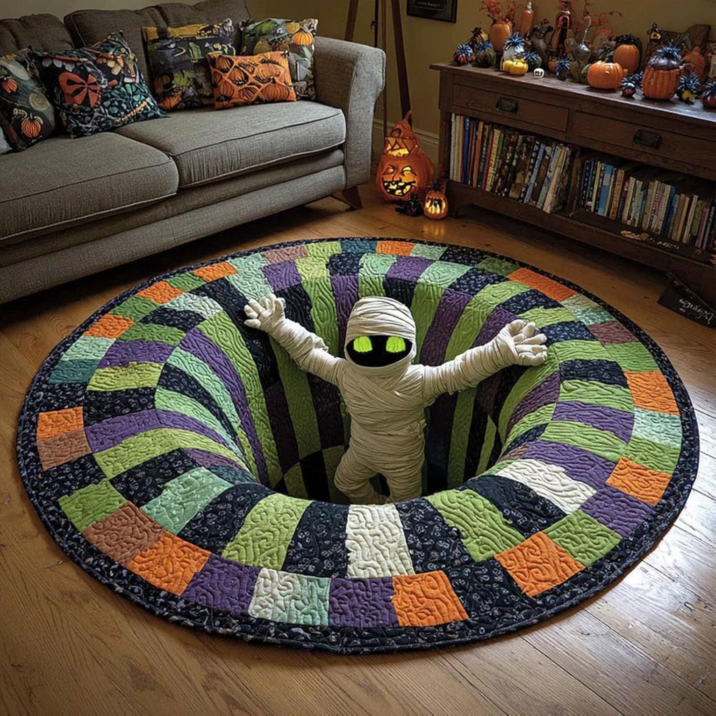 🔥 Limited Edition 🎃 3D Skeleton Optical Illusion Rug – Quilted Round Halloween Accent 👻