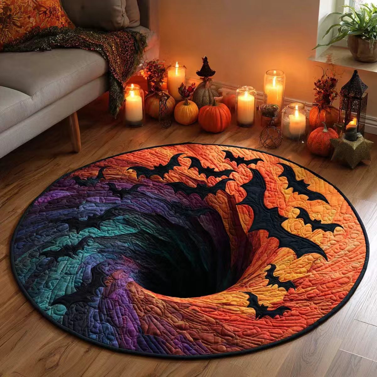 🔥 Limited Edition 🎃 3D Skeleton Optical Illusion Rug – Quilted Round Halloween Accent 👻