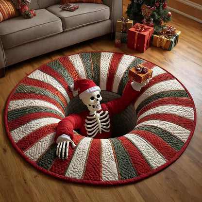 🔥 Limited Edition 🎃 3D Skeleton Optical Illusion Rug – Quilted Round Halloween Accent 👻