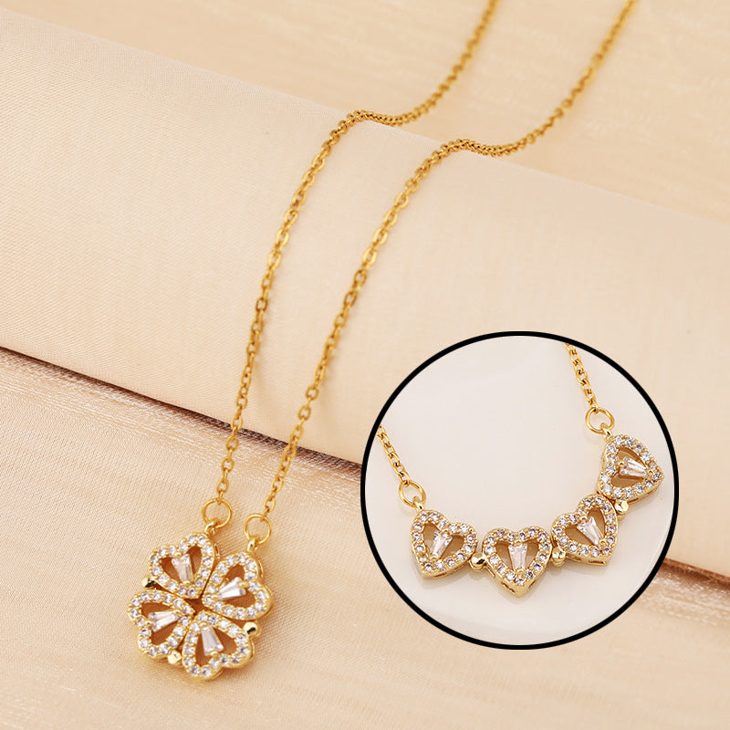 ✨ Magnetic Four-Leaf Clover Heart Necklace — 4 Hearts, 1 Lucky Clover