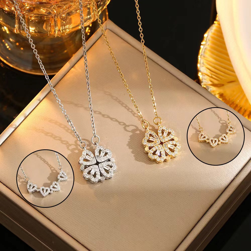 ✨ Magnetic Four-Leaf Clover Heart Necklace — 4 Hearts, 1 Lucky Clover