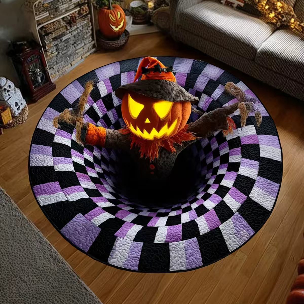 🔥 Limited Edition 🎃 3D Skeleton Optical Illusion Rug – Quilted Round Halloween Accent 👻