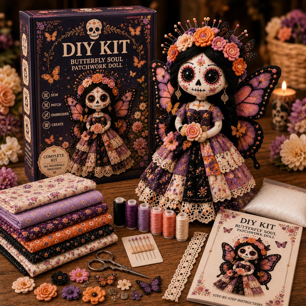 🔥 LAST DAY 50% OFF – Day of the Dead Patchwork Doll DIY Kit | Handmade Fabric Craft with Floral Details