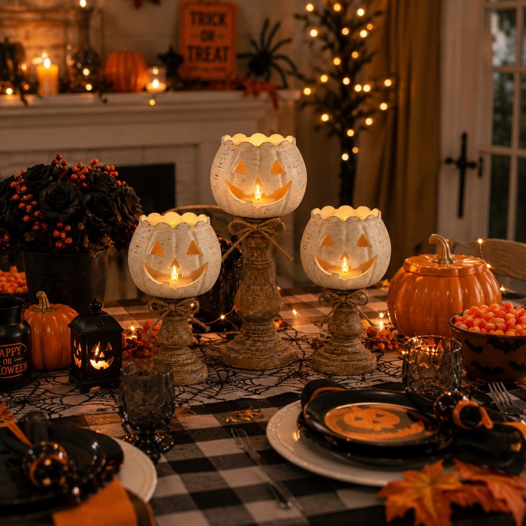🎉Rustic White Pumpkin Tealight Candle Holder Set of 3