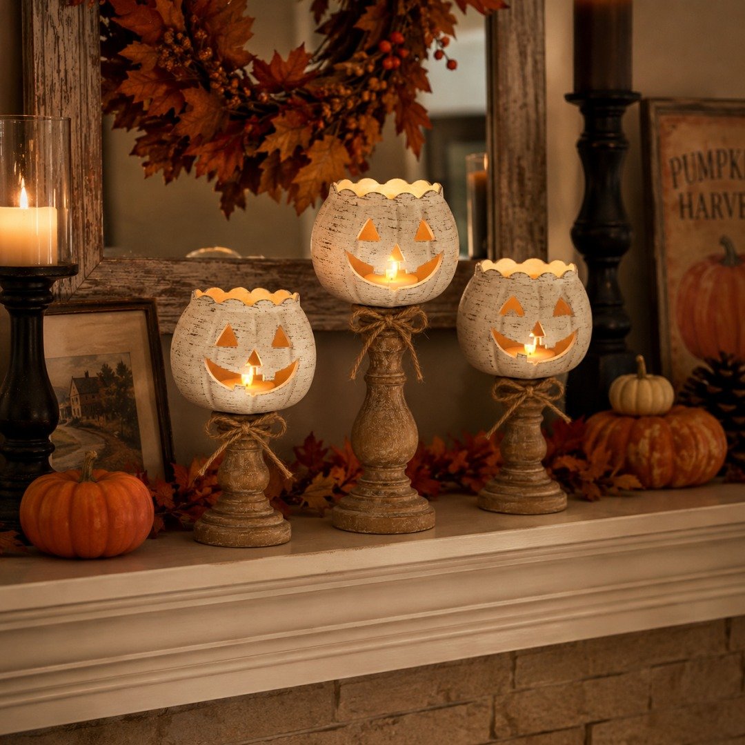 🎉Rustic White Pumpkin Tealight Candle Holder Set of 3