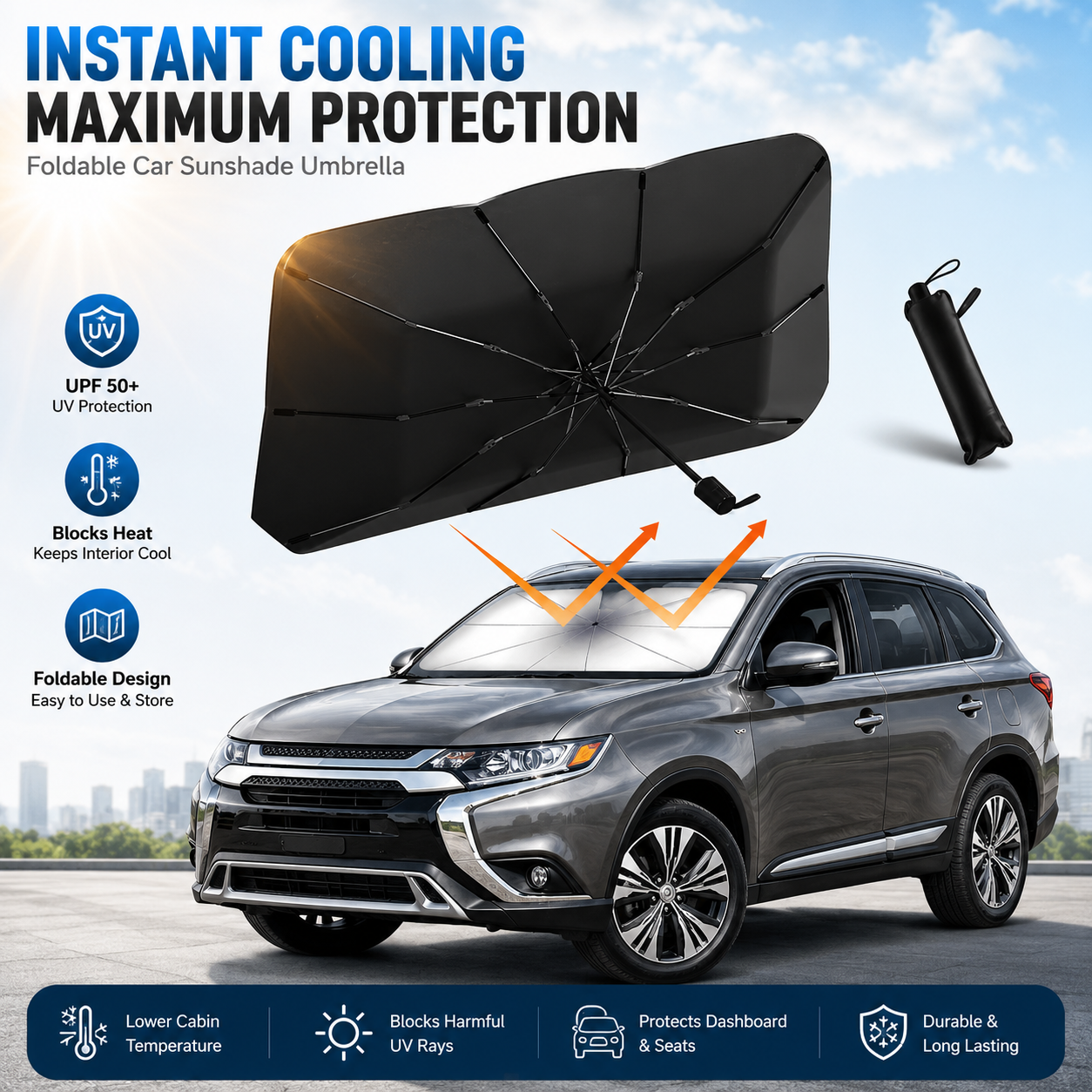 🔥Premium Titanium Silver Car Windshield Sun Shade Umbrella – Blocks Heat & Harsh Sunlight