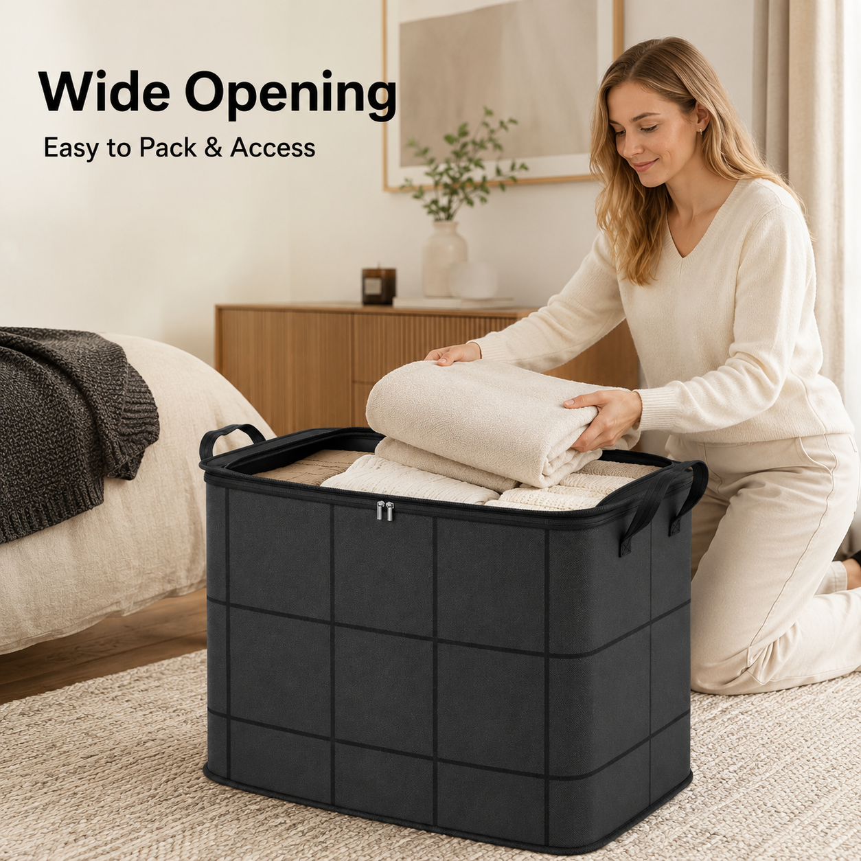 Large Foldable Zippered Storage Bin with Handles for Quilts and Bedding