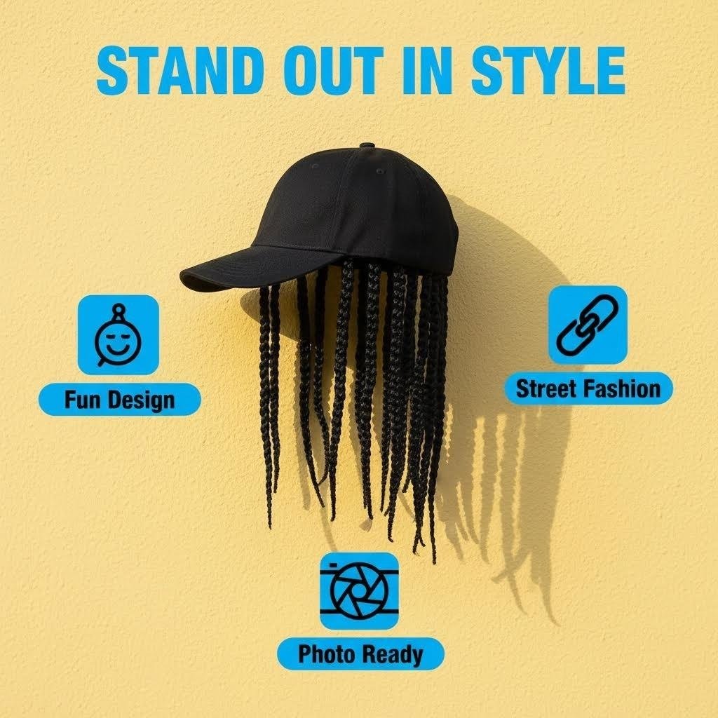 🎉 Limited-Time 50% OFF | Hip-Hop Punk Baseball Cap with Braided Dreadlock Wig 🧢 Adjustable Snapback