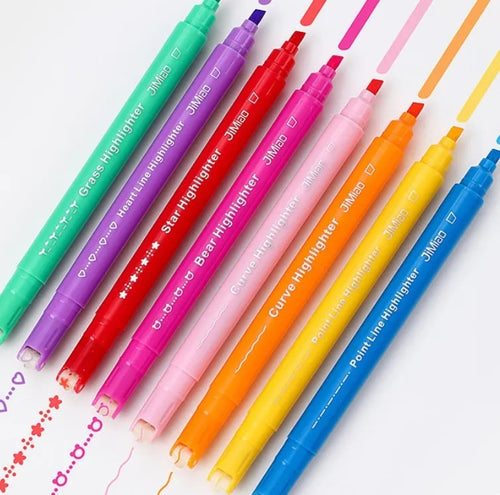💯 Curve Highlighter Pen Set | 8pcs Dual Tip Markers – Roller Curve Tip + Fine Tip – 8 Colors, 8 Line Styles – For Journaling & School ✨📝