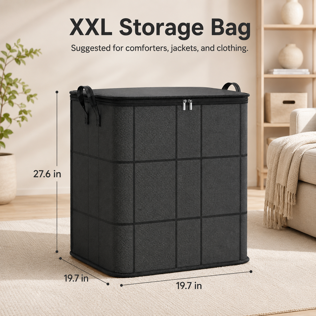 Large Foldable Zippered Storage Bin with Handles for Quilts and Bedding