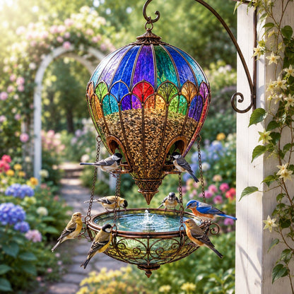 🌈 Garden in the Sky – Stained Glass Hot Air Balloon Bird Feeder🐦