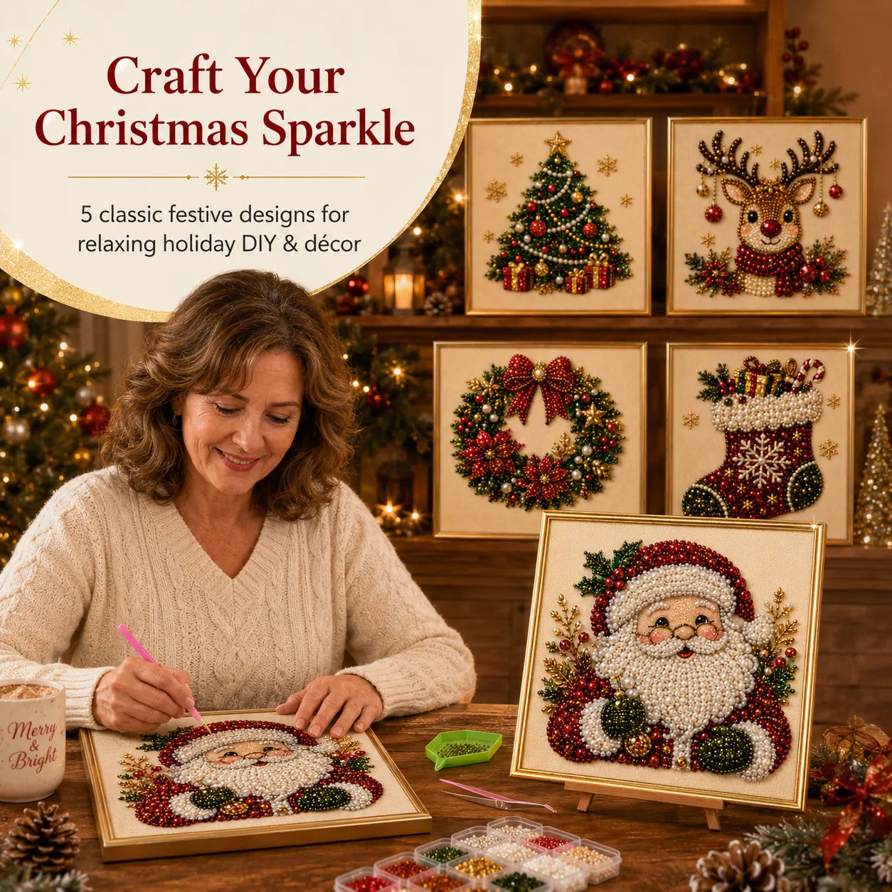 🎄 Premium 3D Pearl Christmas Diamond Painting Art Kit | Luxury Flocked Canvas with Scratch-Resistant Non-Fading Pearl Beads DIY Holiday Decor 🎅⛄️❄️
