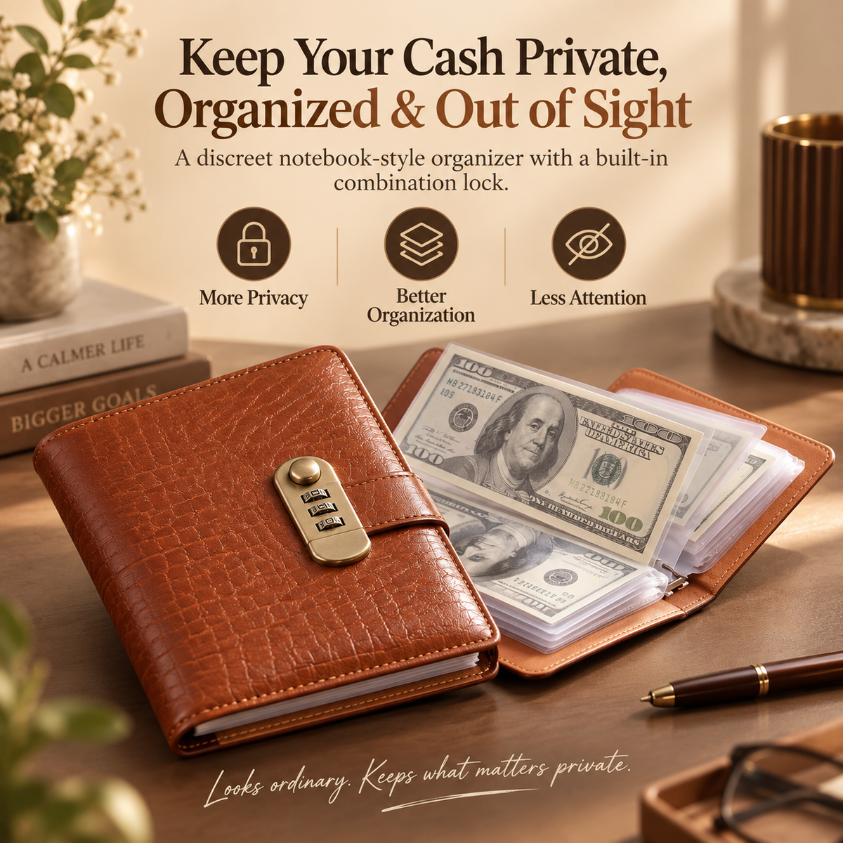 🔐 Private & Secure Combination Lock Cash Organizer Notebook