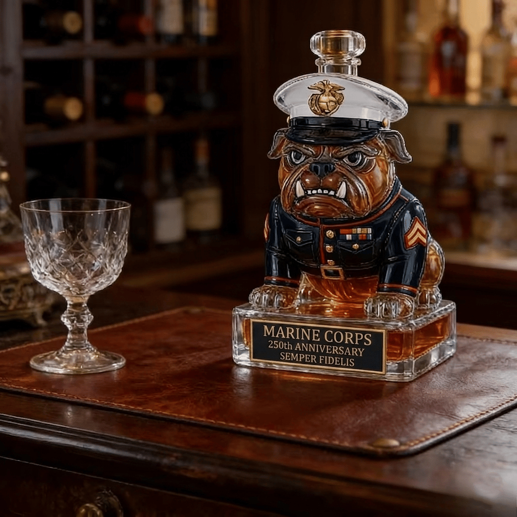🔥 250 Years of Honor – Marine Devil Dog Commemorative Whiskey Decanter 🐶🎖️