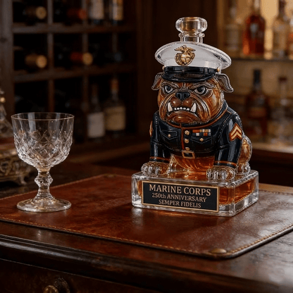 🔥 250 Years of Honor – Marine Devil Dog Commemorative Whiskey Decanter 🐶🎖️