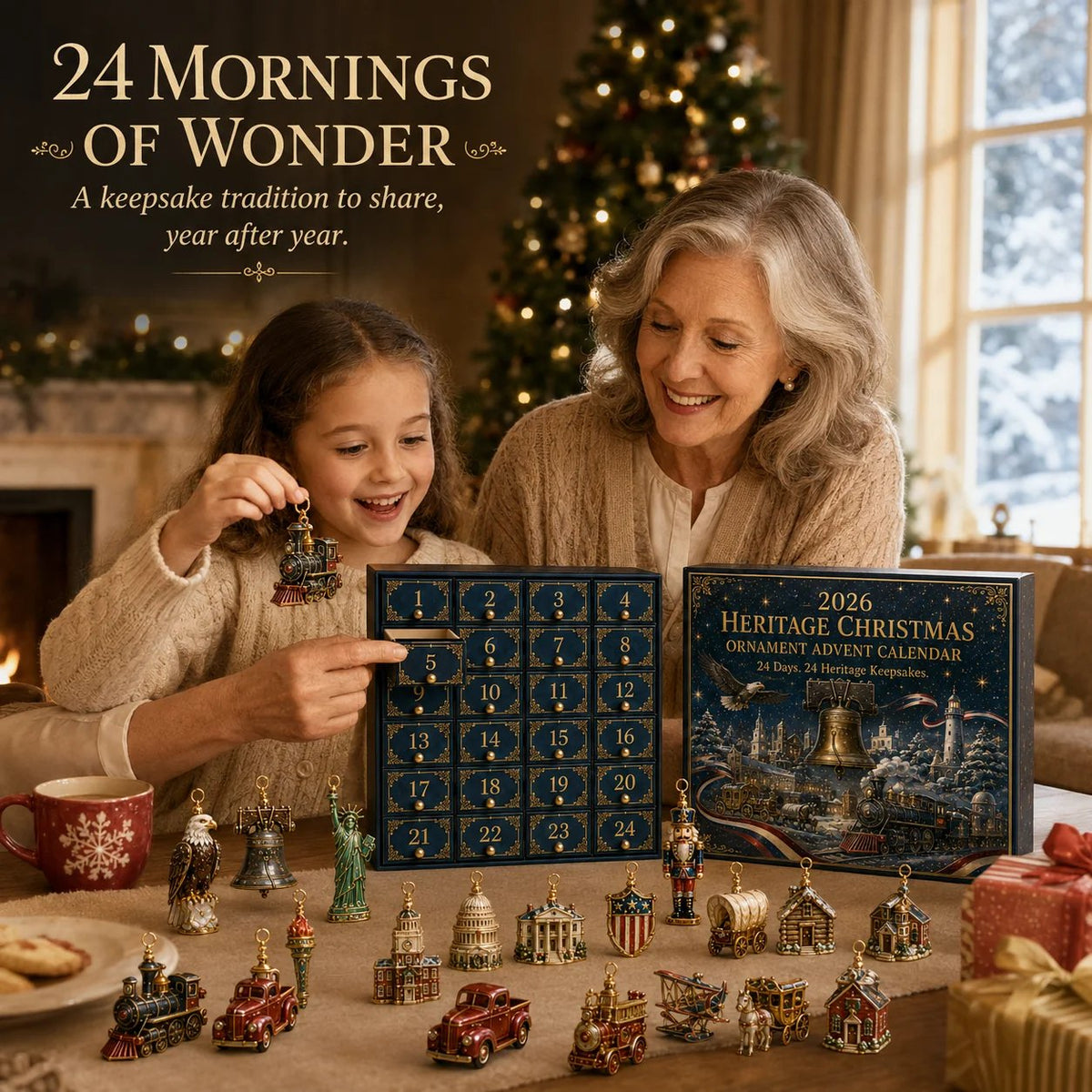 Grandmother and child opening one calendar drawer together