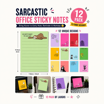 💼😂 12-Pack Sarcastic Office Sticky Notes – Funny Coworker Memo Pads & Hilarious Desk Gifts