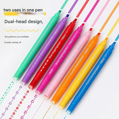 💯 Curve Highlighter Pen Set | 8pcs Dual Tip Markers – Roller Curve Tip + Fine Tip – 8 Colors, 8 Line Styles – For Journaling & School ✨📝