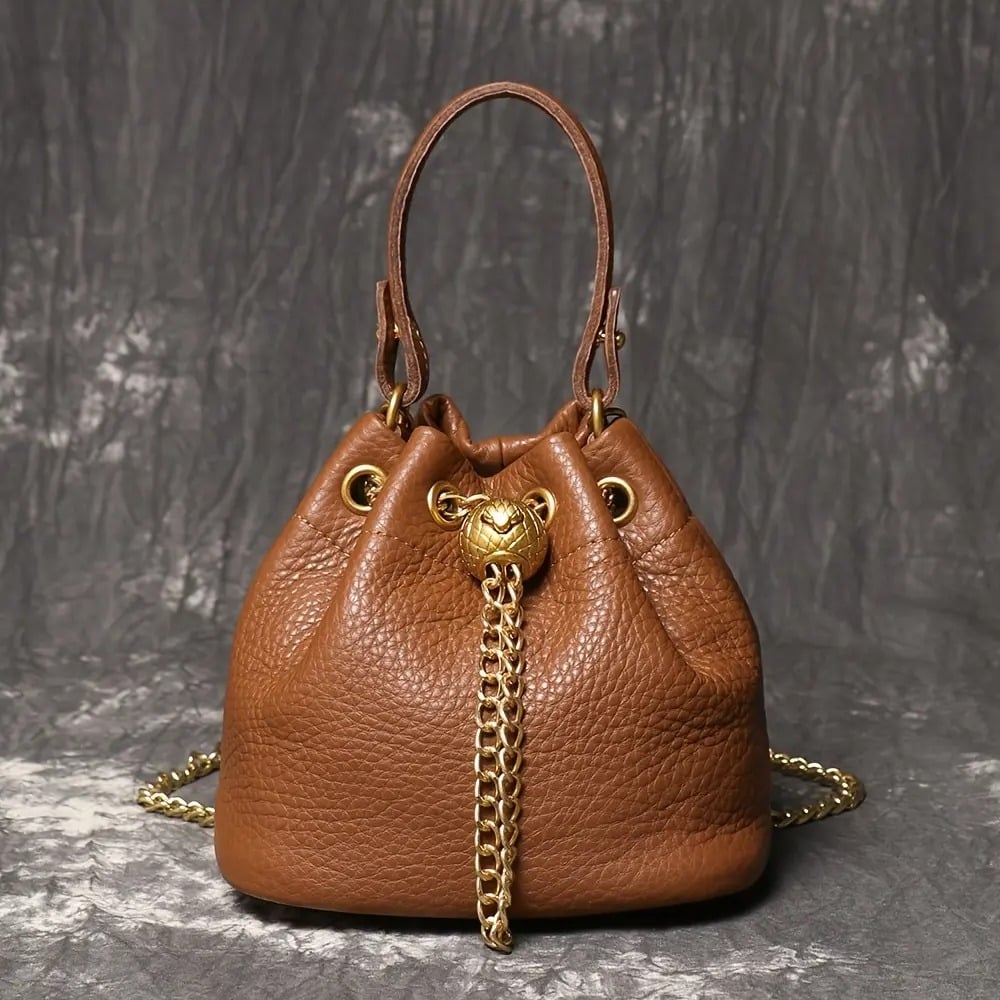 🍂Genuine Leather Bucket Bag 👜 Shoulder Bag with Chain Strap for Women