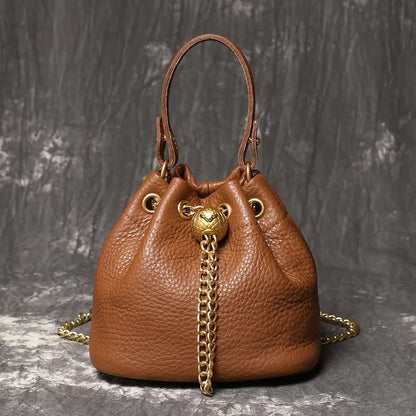 🍂Genuine Leather Bucket Bag 👜 Shoulder Bag with Chain Strap for Women