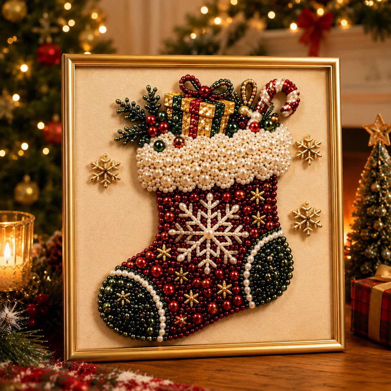 🎄 Premium 3D Pearl Christmas Diamond Painting Art Kit | Luxury Flocked Canvas with Scratch-Resistant Non-Fading Pearl Beads DIY Holiday Decor 🎅⛄️❄️